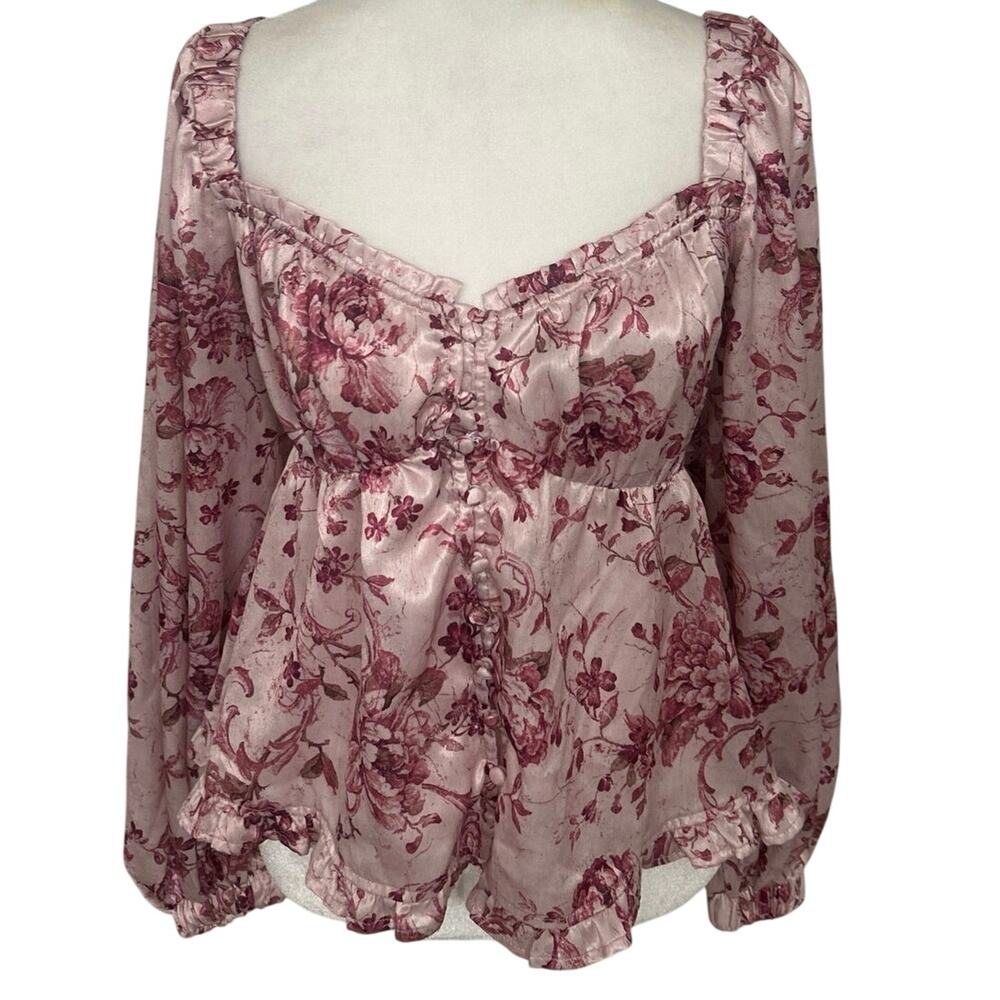 Altar’d State Floral Coquette Sweetheart Babydoll Top Pink Satin Cottage M Fairy